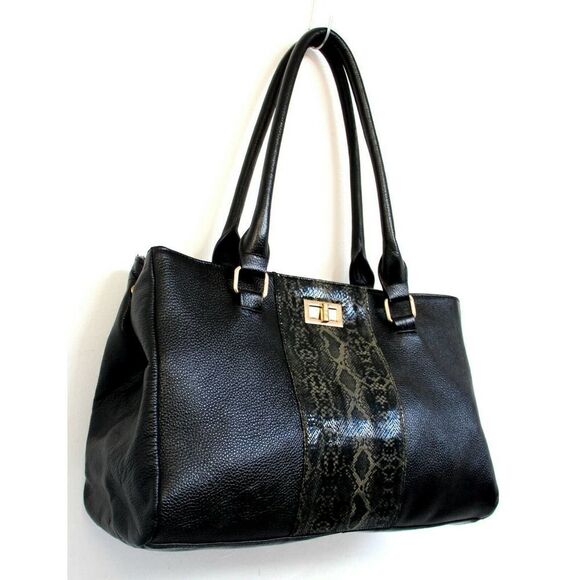 LRG ERICA ANENBERG BLACK GENUINE LEATHER TURN LOCK SATCHEL SHOULDER BAG HANDBAG - Picture 5 of 12